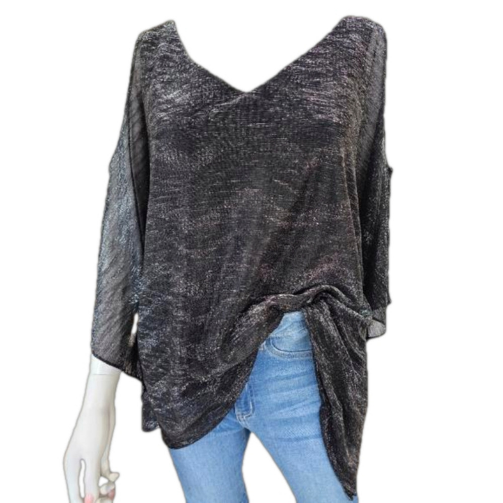 Roz & Ali Batwing Metallic Overlay Cold Shoulder Asymmetrical Hem Tunic Size 2X
